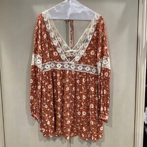 Forever 21 orange Floral Peasant-Sleeve Lace Dress Bohemian style